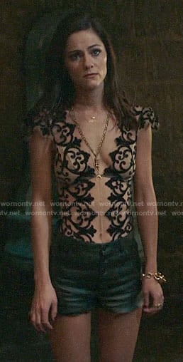 Princess Eleanor’s lace bodysuit and leather shorts on The Royals