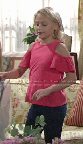 Faith’s pink cold shoulder tee on The Young and the Restless