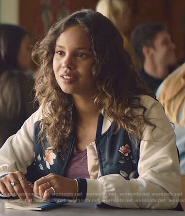 Jessica’s satin floral embroidered bomber jacket on 13 Reasons Why