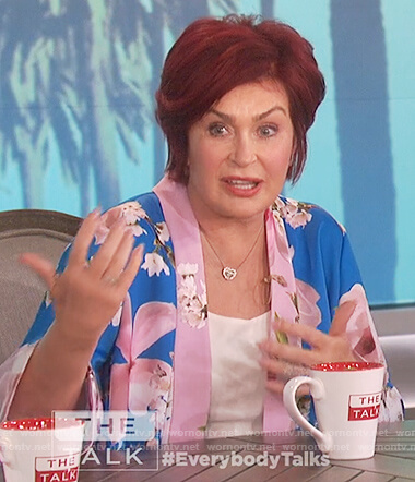 Sharon’s blue floral print kimono jacket on The Talk