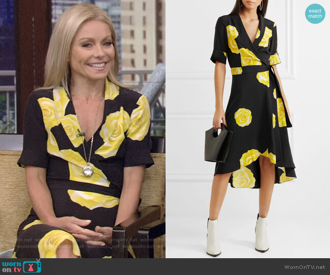 Ganni Floral-Print Washed-Silk Wrap Dress worn by Kelly Ripa on Live with Kelly and Mark