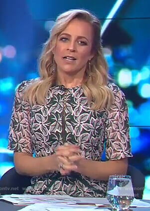 Carrie’s green floral print dress with lace trim on The Project
