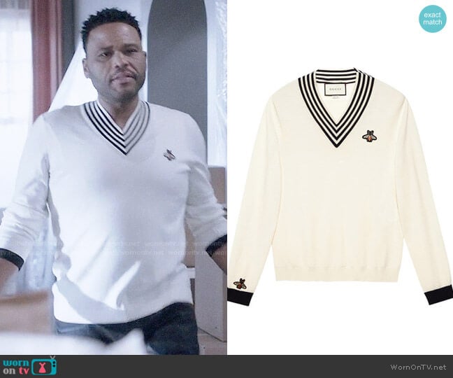 Gucci V-neck wool knit with bee worn by Andre Johnson (Anthony Anderson) on Black-ish