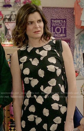 Heather’s black and white floral dress on Life in Pieces