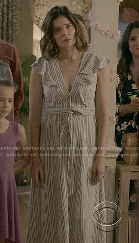 Heather’s striped ruffled dress on Life in Pieces