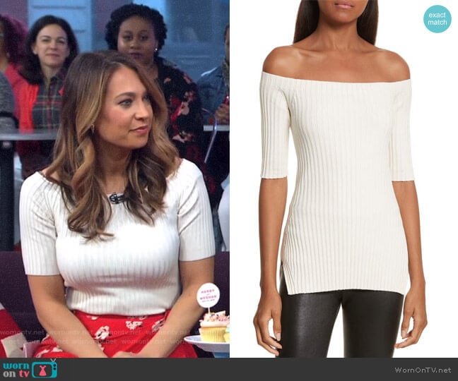 Helmut Lang Rib Knit Stretch Silk Off the Shoulder Top worn by Ginger Zee on Good Morning America