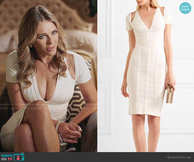 Herve Leger Cutout Bandage Dress worn by Queen Helena (Elizabeth Hurley) on The Royals