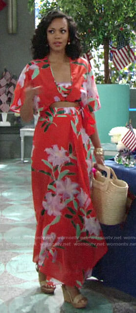 Hilary’s red floral crop top and maxi skirt on The Young and the Restless