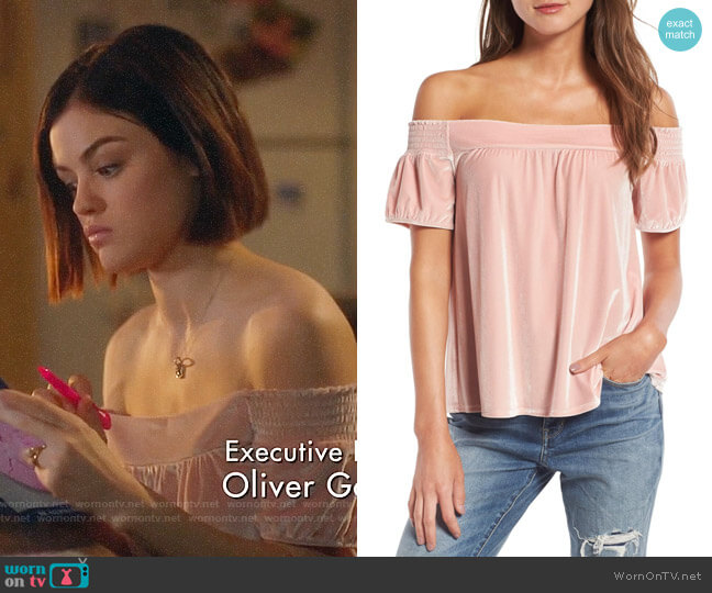 Hinge Off the Shoulder Velvet Top worn by Stella Abbott (Lucy Hale) on Life Sentence