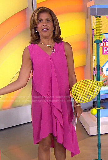 Hoda’s pink ruffle front sleeveless dress on Today