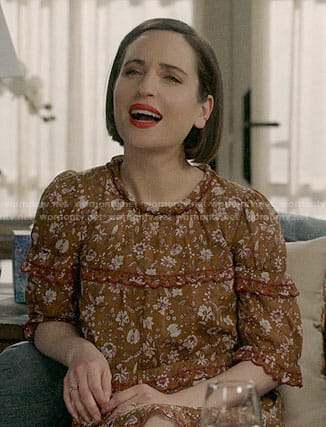 Jen’s brown floral dress with ruffles on Life in Pieces