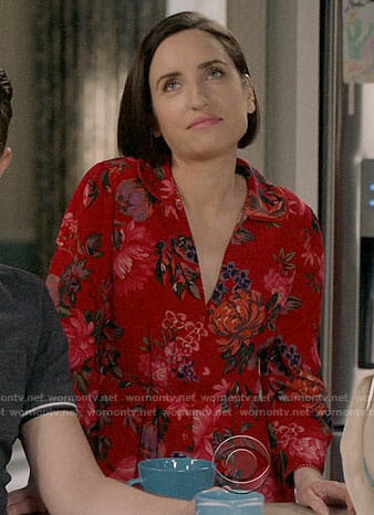 Jen’s red floral dress on Life in Pieces