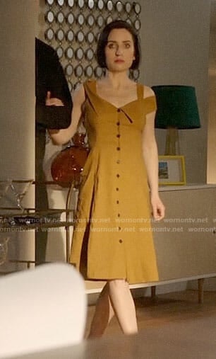 Jen’s yellow button front dress on Life in Pieces