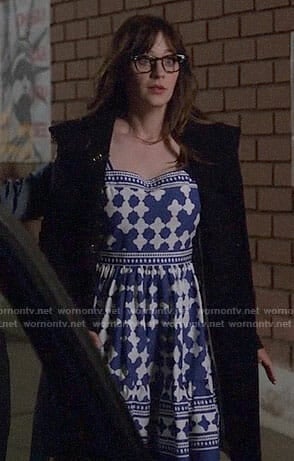 Jess’s blue and white printed dress on New Girl