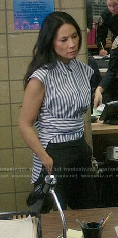 Joan’s blue striped wrap shirt on Elementary