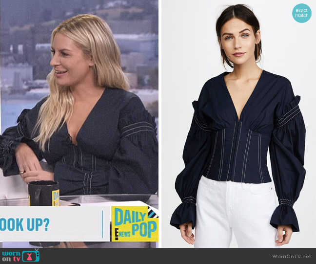 Jonathan Simkhai Ruched Cotton V Neck Corseted Blouse worn by Morgan Stewart on E! News