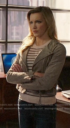 Laurel’s striped sweater and grey suede jacket on Arrow