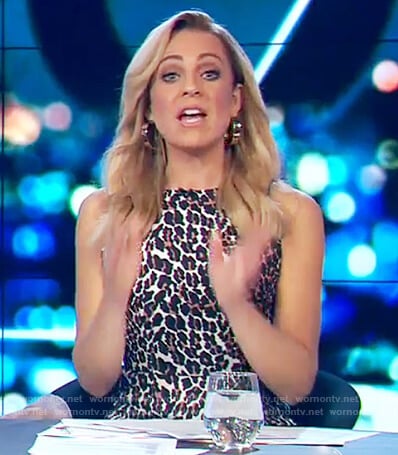 Carrie’s leopard print sleeveless dress on The Project