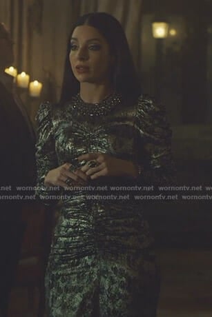 Lilith’s metallic ruched dress on Shadowhunters