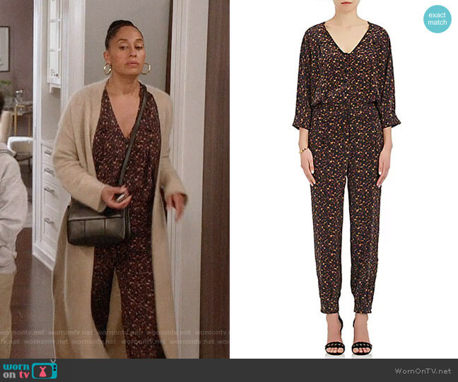 Maison Mayle Saint Phalle Leopard-Print Silk Jumpsuit worn by Rainbow Johnson (Tracee Ellis Ross) on Black-ish