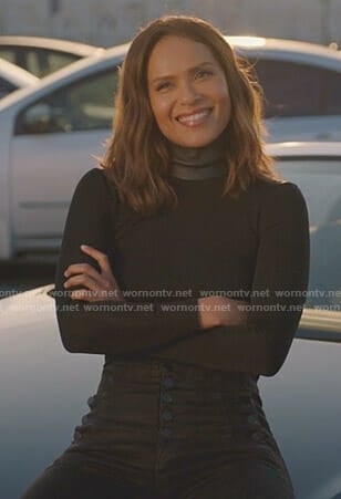 Maze’s black leather neck top and high waist jeans on Lucifer