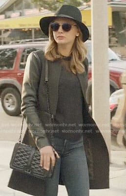 Megan’s zip-waist coat with leather sleeves on The Arrangement