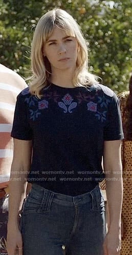 Melissa’s navy embroidered top on Last Man on Earth