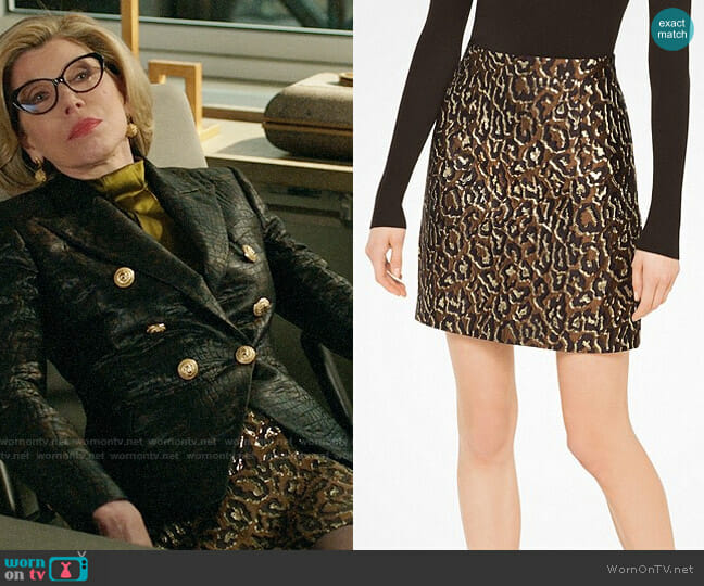 Michael Kors Metallic Leopard Jacquard Skirt worn by Diane Lockhart (Christine Baranski) on The Good Fight