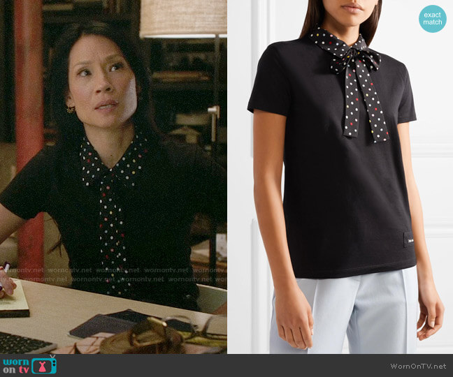 Miu Miu Polka-dot silk-trimmed cotton-jersey T-shirt worn by Joan Watson (Lucy Liu) on Elementary