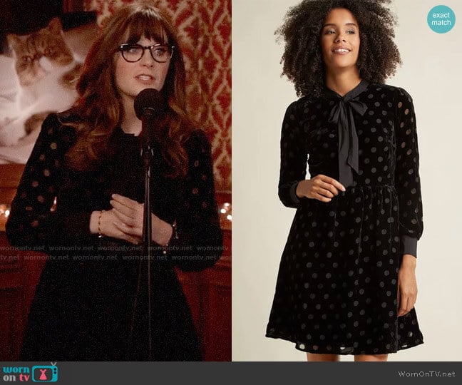 Velvet Burnout Shirt Dress with Neck Tie from Modcloth worn by Jessica Day (Zooey Deschanel) on New Girl