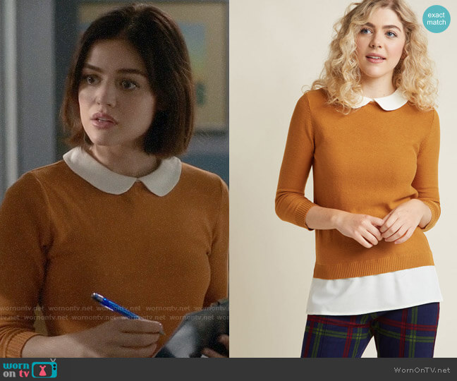 Modcloth Classroom Charisma Collared Sweater in Turmeric worn by Stella Abbott (Lucy Hale) on Life Sentence