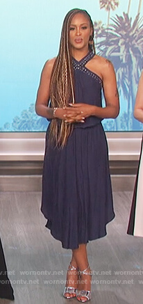 Eve’s navy studded cross neck dress on The Talk