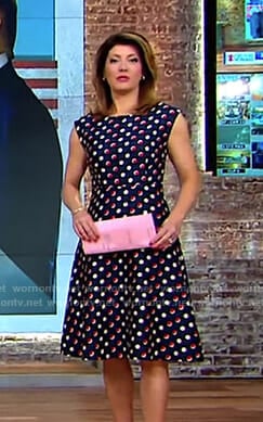 Norah’s navy polka dot fit and flare dress on CBS This Morning