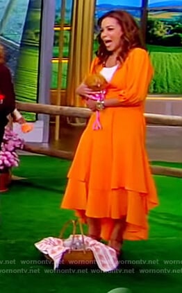 Sunny’s orange tiered wrap dress on The View