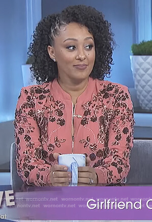 Tamera’s pink rose embellished bomber jacket on The Real