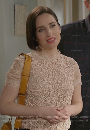Jen’s blush embroidered lace top on Life in Pieces