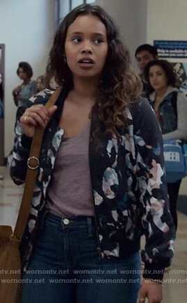 Jessica’s printed bomber jacket on 13 Reasons Why