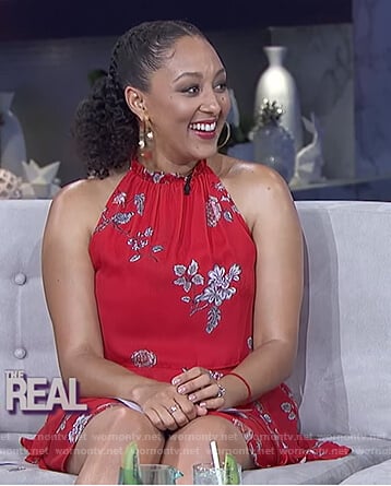 Tamera’s red floral print halter neck dress on The Real