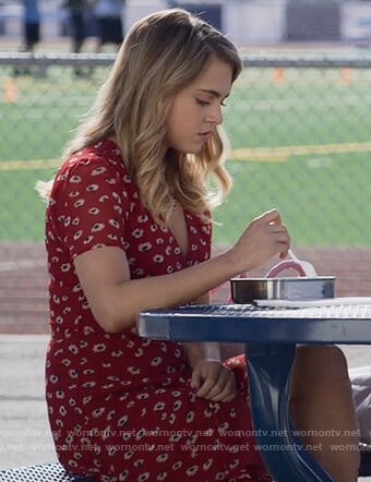 Chloe’s red printed wrap dress on 13 Reasons Why