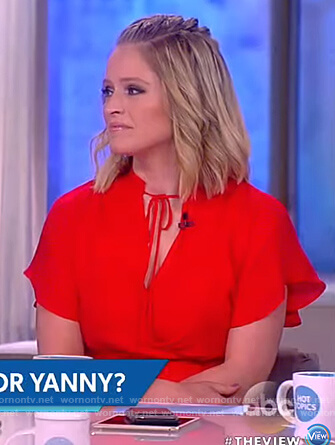 Sara’s red tie neck mini dress on The View
