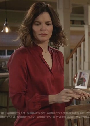 Heather’s red v-neck blouse on Life in Pieces