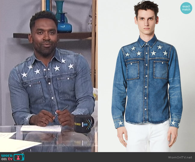 Sandro Denim Shirt with Star Embroidery worn by Justin Sylvester on E! News