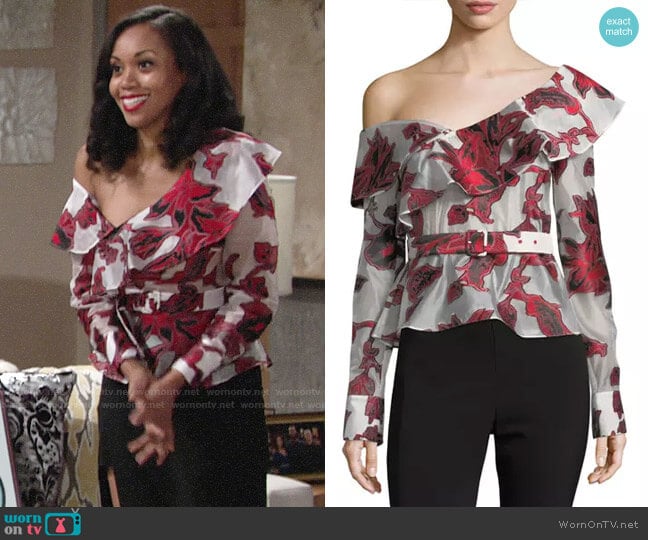 Self Portrait One-Shoulder Floral Fil Coupe Top worn by Hilary Curtis (Mishael Morgan) on The Young and the Restless
