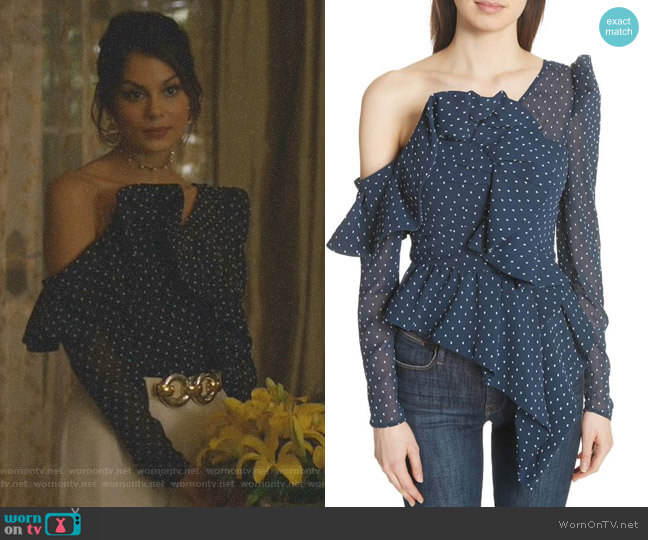 Self Portrait Ruffle Asymmetrical Plumetis Top worn by Cristal Flores (Nathalie Kelley) on Dynasty