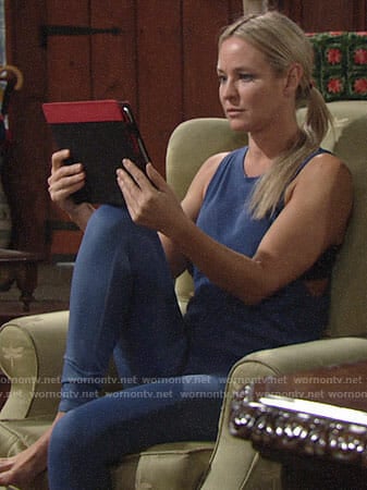 Sharon’s blue yoga tank and leggings on The Young and the Restless
