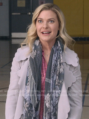 Stephanie’s grey scalloped trim coat on Good Witch