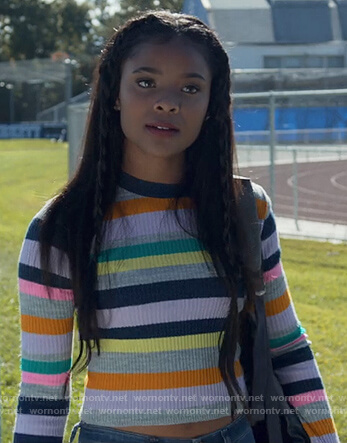 Sheri’s multicolored striped sweater on 13 Reasons Why