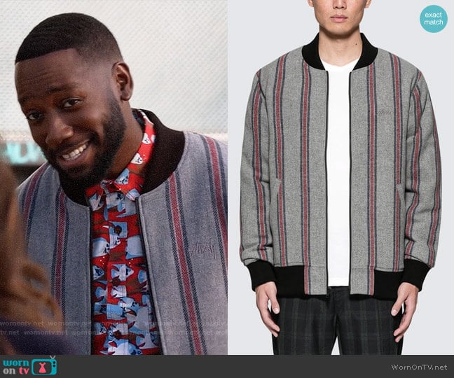 Stussy Wool Stripe Bomber Jacket worn by Winston Bishop (Lamorne Morris) on New Girl