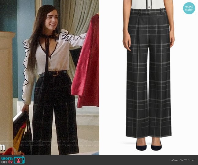 Theory Adamaris Plaid Trousers worn by Sloane Silver (Sofia Carson) on Famous in Love