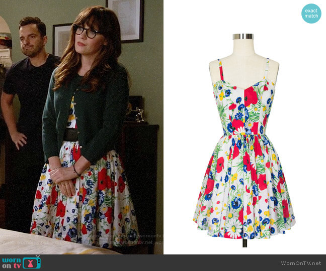 Trashy Diva Ruby Mini Dress in Wildflowers worn by Jessica Day (Zooey Deschanel) on New Girl